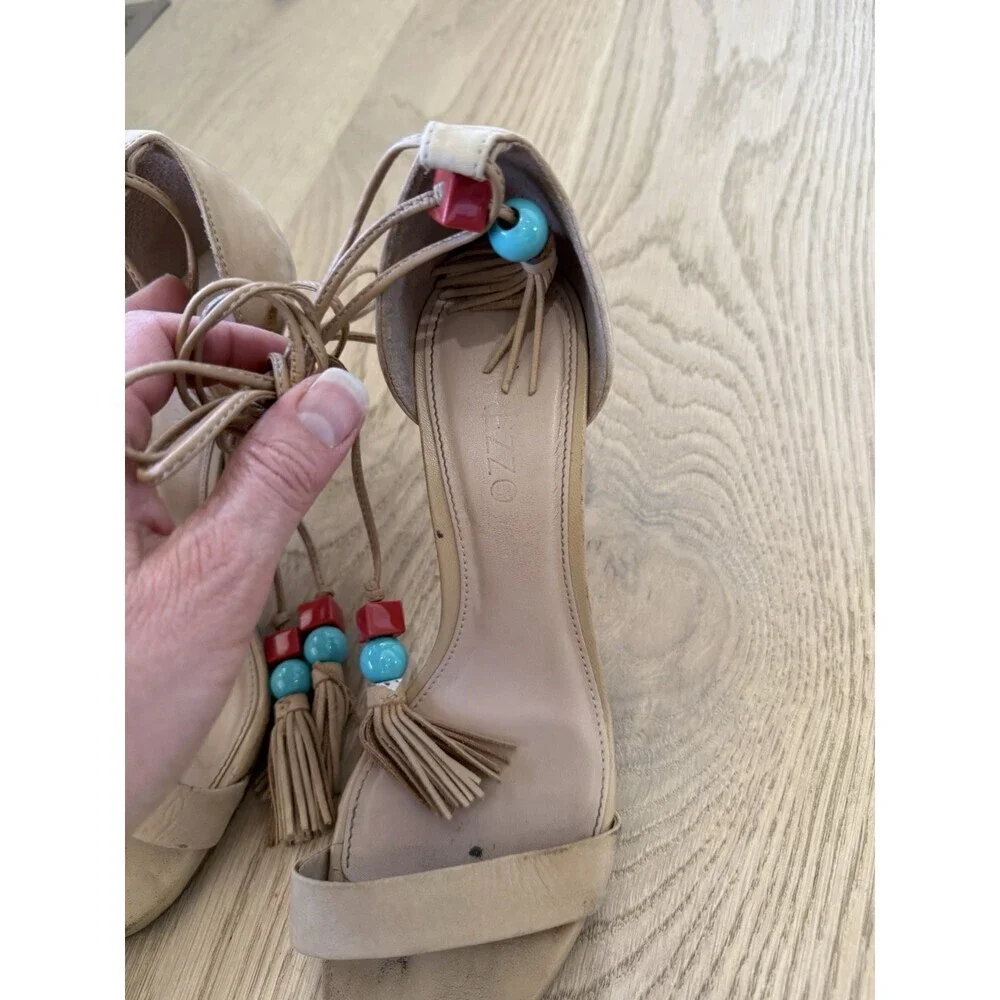 Arezzo Women's 37 6 6.5 High Heel Stiletto Sandals Beige Tan Ankle Wrap Shoes